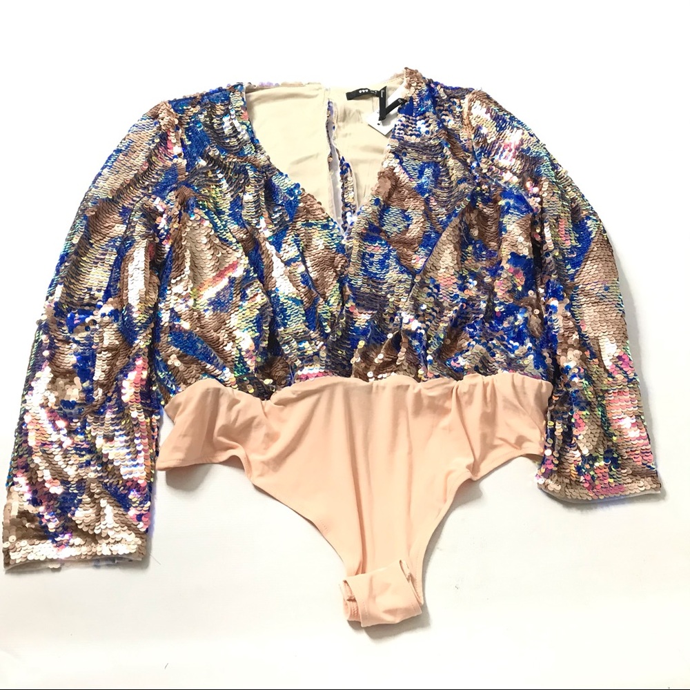 TFNC London US 16 Sequined Bodysuit Top Blouse Open Faux Wrap Shirt Gold Blue